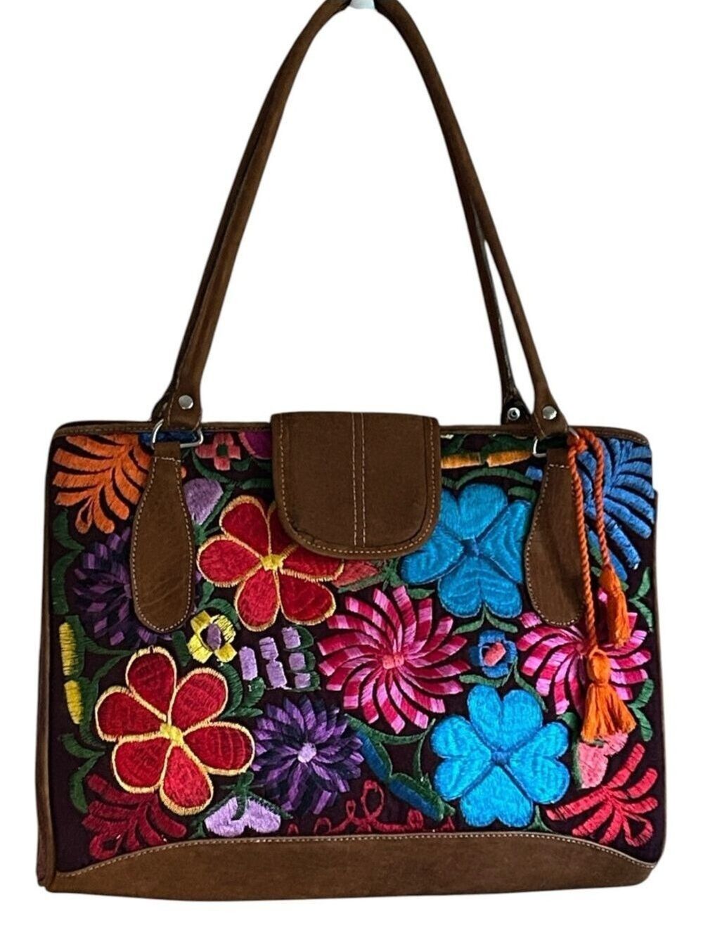 Hand Embroidered Vibrant Floral Design Artisanal Tote Bag with Faux Suede Trim